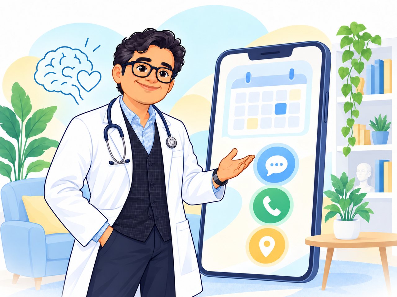 Ilustración del asistente del consultorio: cabello oscuro, lentes y rostro sin barba. No es una fotografía del doctor.